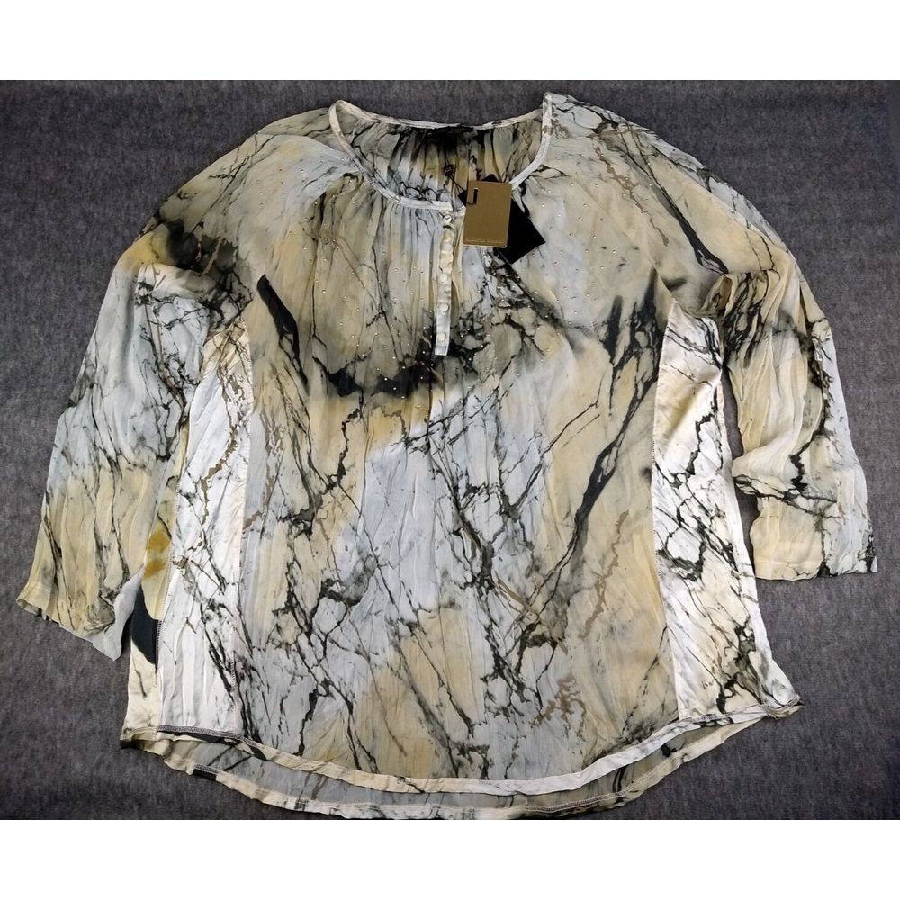 ALBERTO MAKALI Studded Top Semi Sheer Gauzy Beige Gold Black Blouse Women XL NEW